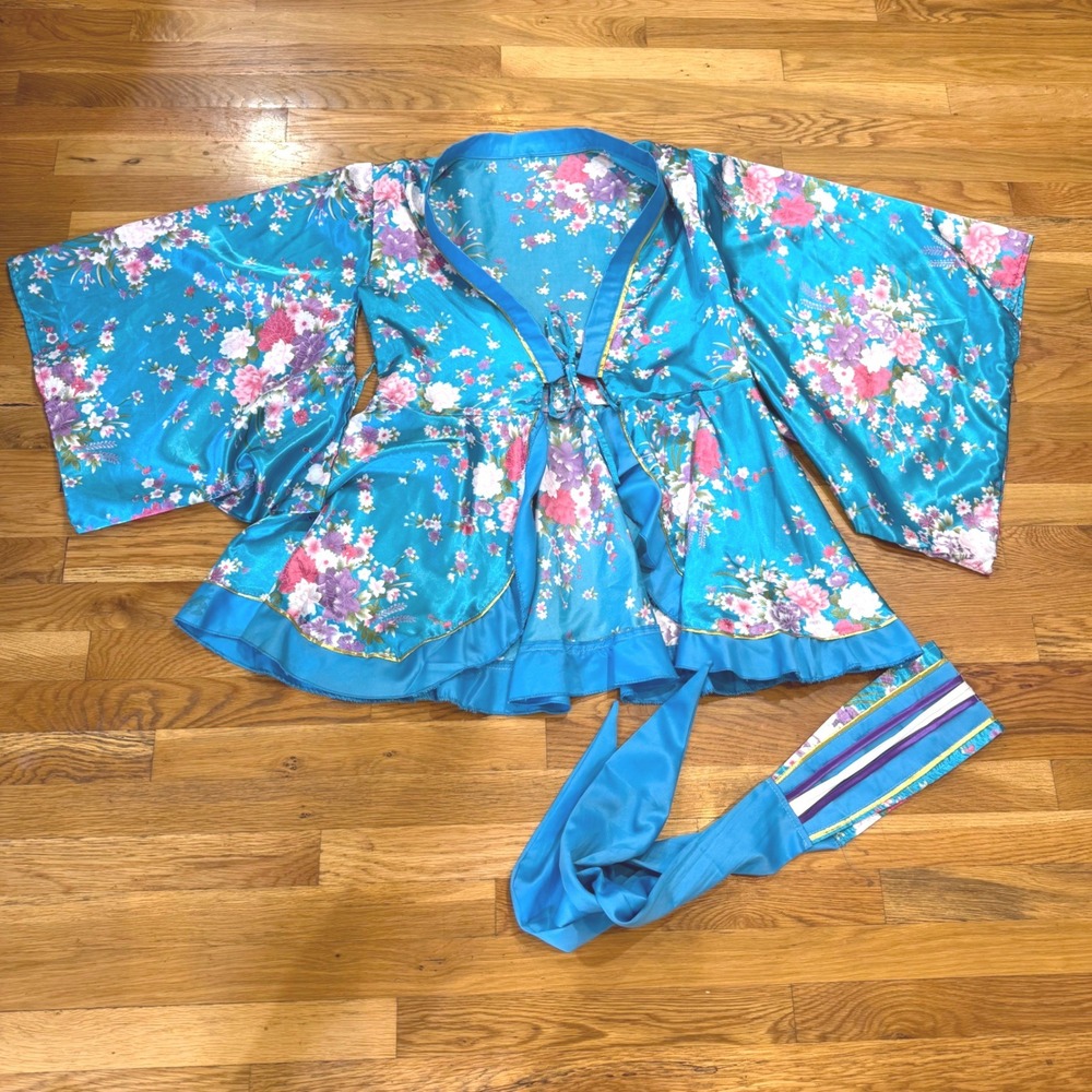 Turquoise Floral Satin Kimono Wrap Top Wide Bell Sleeve Peplum Festival Cosplay